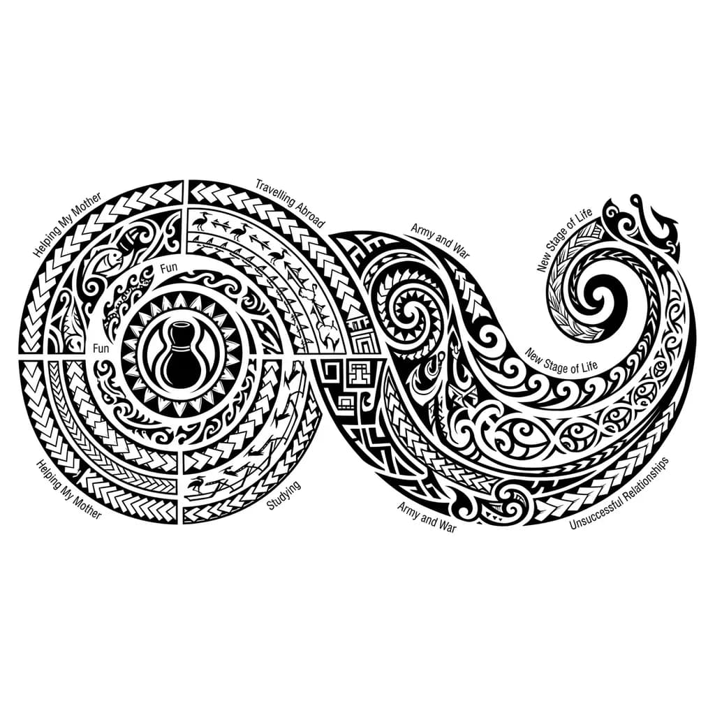 Тату олицитворяющая взросление, было веселье, помощь маме, учёба, путешествие за границу, путешествия по горам и городам, учёба, неудачные отношения, армия, война, товарищи, новый этап жизни, поиск и становление себя как личности