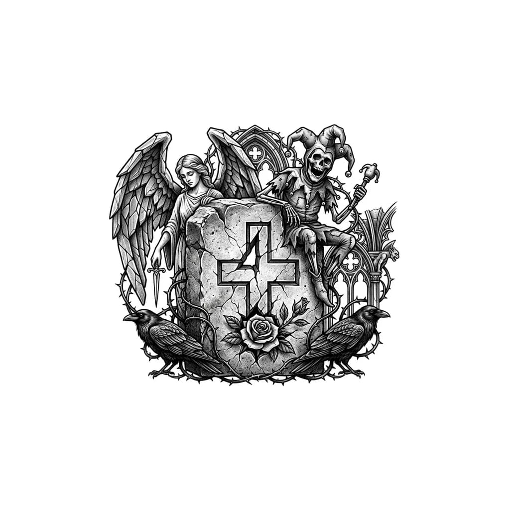 В центре огромная гранитная плита, треснувшая крест-накрест. Трещины образуют цифру 4. Она выглядит естественно, будто сам камень раскололся в эту форму.
На вершине плиты сидит шут-скелет:
череп с бубенцами на колпаке
в одной руке игральная кость или карта
ухмылка, как будто он смеётся над жизнью и смертью
Слева за плитой стоит ангел-убийца: крылья из каменных осколков, лицо спокойное, в руке тонкий кинжал или коса
У основания плиты роза, пробивающаяся через камень