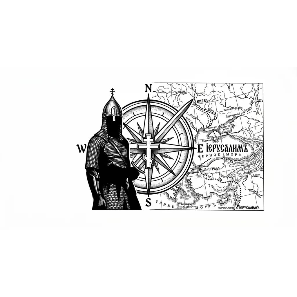 Татуировка искиз воина (Александра Невского)?
Силуэт воина в шлеме и с мечом (полностью фигура, но лаконично).
Как соединить с компасом/крестом:
- 1: Меч/шпага как стрелка компаса, восьмиконечный крест в центре.
Куда ведёт путь на карте: Иерусалим