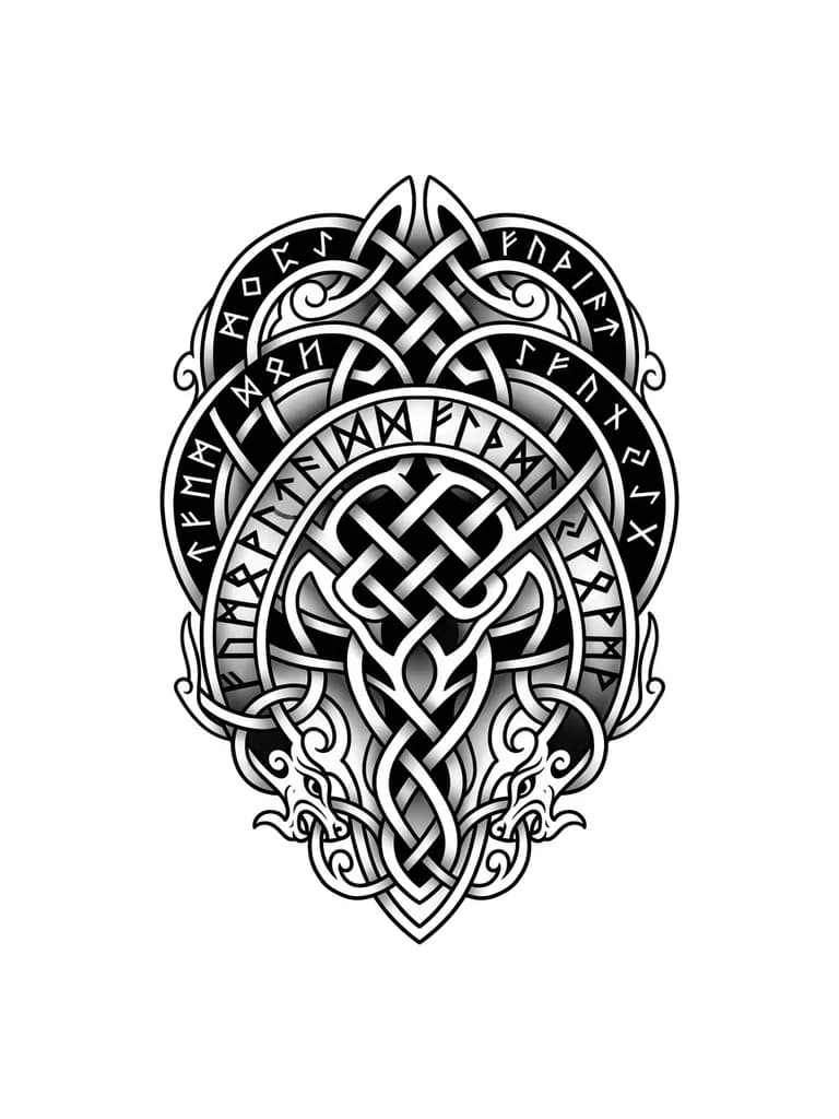 Тату на макушке головы в стиле викингов с рунами