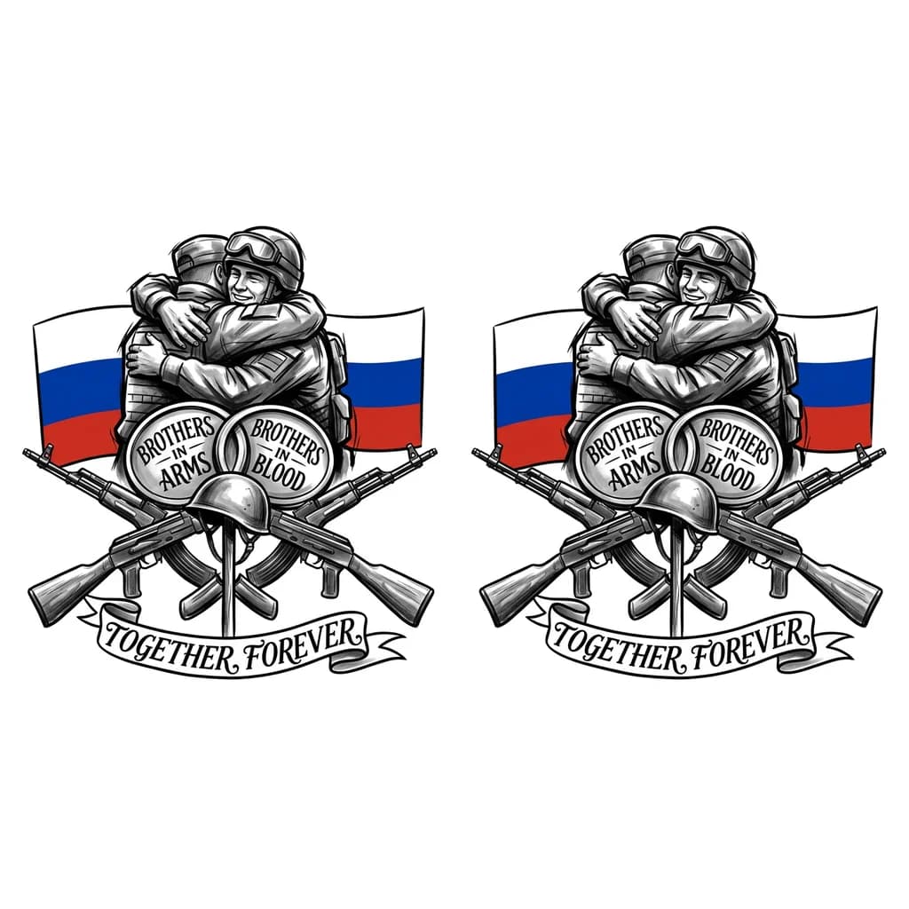 Сделай эскиз, в верхней части стоят спиной два солдата по обнимая друг друга ниже 2 переплетенных жетона, на одном написано братья по оружию, на втором братья по крови,
В самом низу лента на которой написано вместе навсегда, выше ленты изображены 2 автомат Калашникова скрещенных посередине них стоит палка на которой висит каска, на заднем фоне изобрази флаг России
