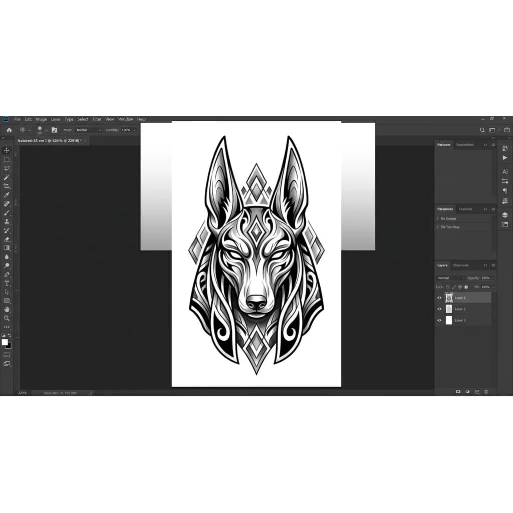 Создать эскиз тату размером 35см на 22 см внутри голова Анубиса а вокруг стиль Полинезия с тенями более похожий на ромб