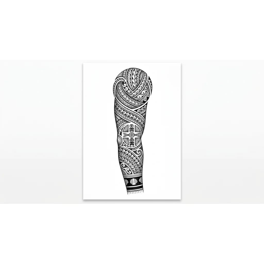 рукав тату в стиле полинезия,на локте крест marquesan,конец предплечья заканчивается браслетом