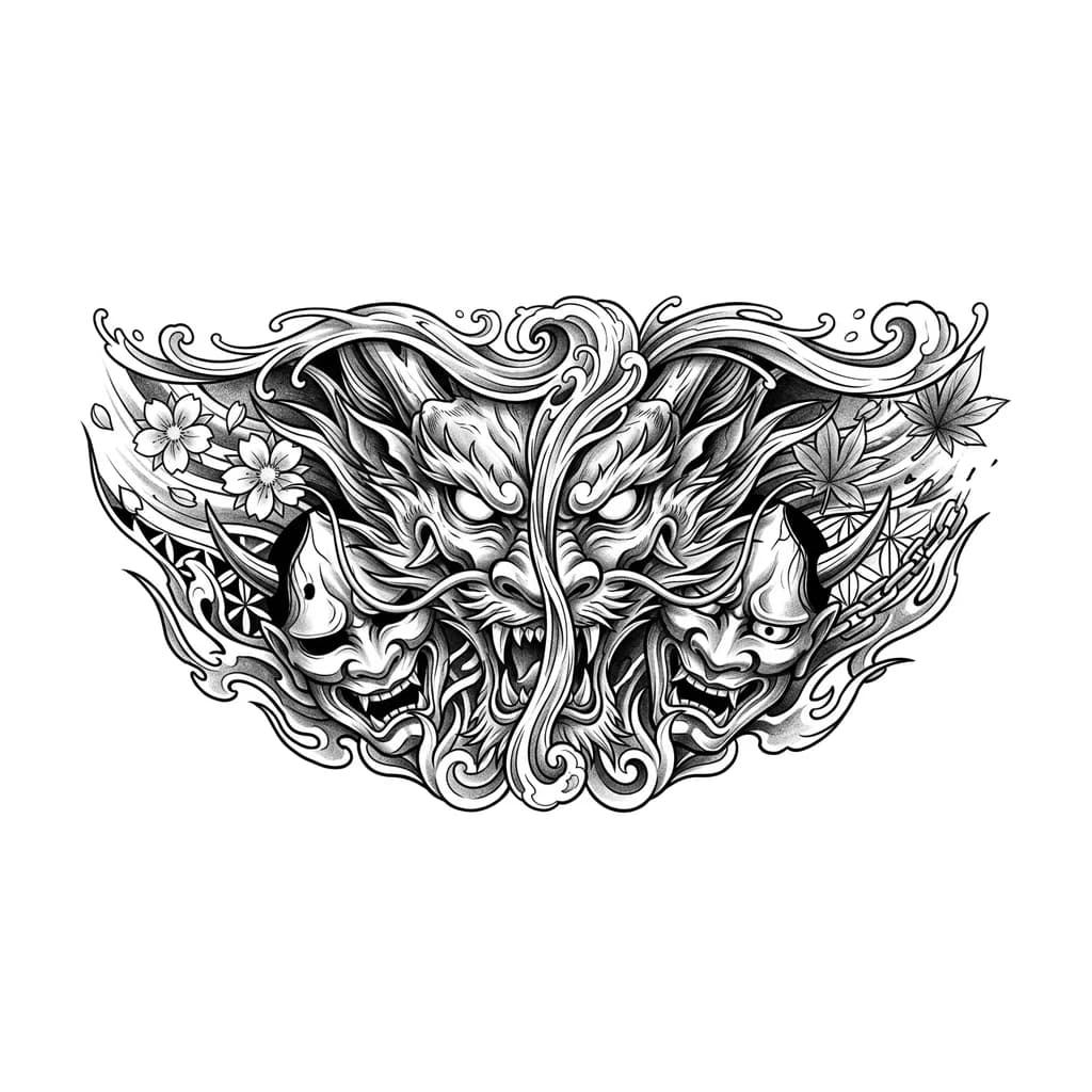 Создай эскиз тату в японском стиле , по центру драконье лицо, а потоками разрезаная на две части маска они , эскиз тату для мужской груди более деталезировано под реализм , и маска более злая демоническая