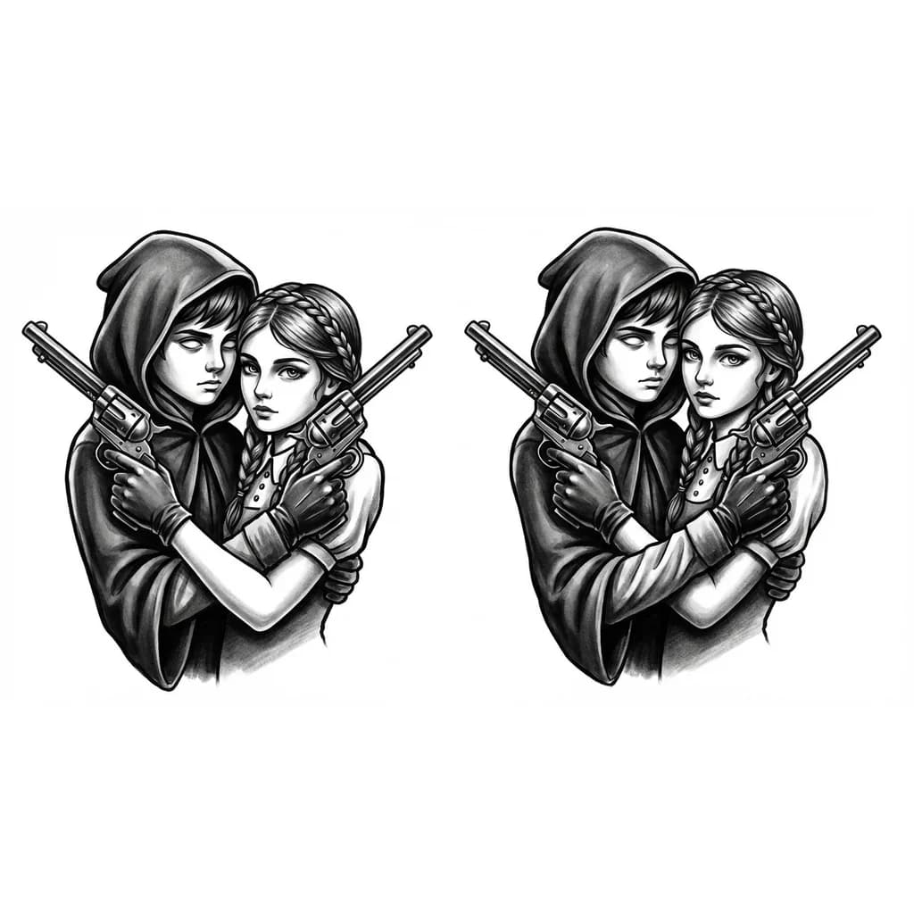 Парень и девушка обнимаются с пистолетами в руках