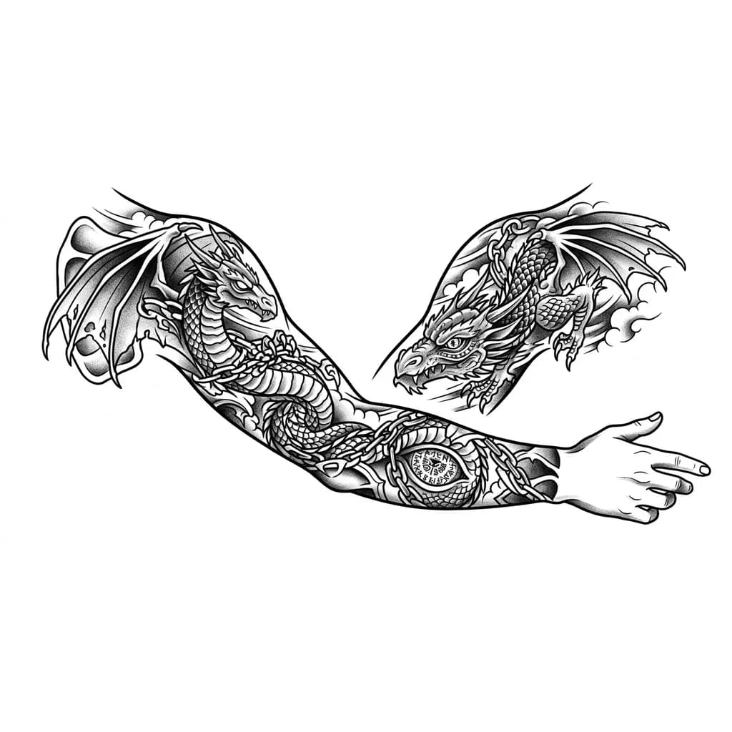 Создай чёрно‑белый эскиз татуировки, сочетающей минимализм, готический стиль и японские элементы (руны). Татуировка должна покрывать весь правый рукав, включая кисть, и быть спроектирована с плавным переходом на спину верхняя часть плеча и лопатка — для будущего продолжения. Главный объект:дракон в готическом стиле обвивающий руку с плеча до кисти,правый глаз заполнен сложной композицией из японских рун выполняющие эффект "магического ока",также дракон обвит цепями которые частично его сковывают