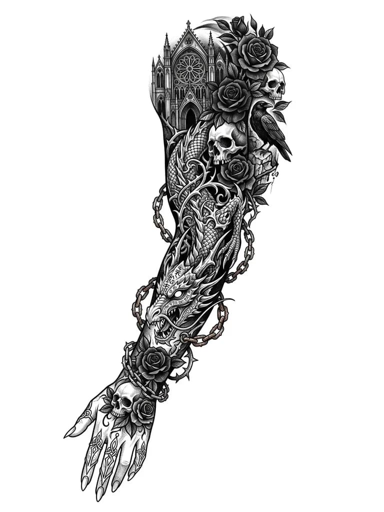 Создай чёрно‑белый эскиз татуировки, сочетающей минимализм, готический стиль и японские элементы (руны). Татуировка должна покрывать весь правый рукав, включая кисть, и быть спроектирована с плавным переходом на спину верхняя часть плеча и лопатка — для будущего продолжения. Главный объект:дракон в готическом стиле обвивающий руку с плеча до кисти,правый глаз заполнен сложной композицией из японских рун выполняющие эффект "магического ока",также дракон обвит цепями которые частично его сковывают