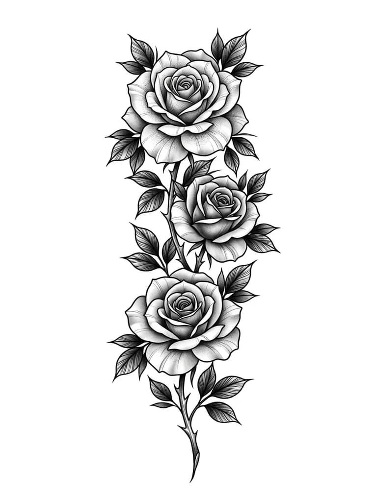 Эскиз тату на предплечье, три вертикально расположенные розы крупным планом