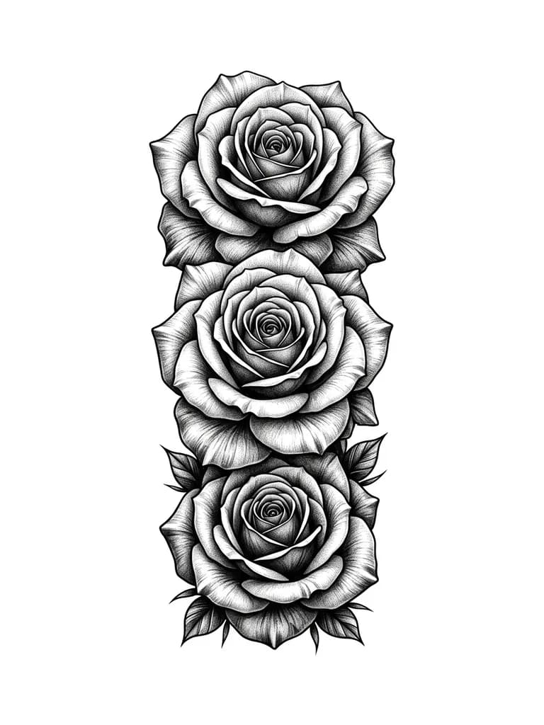 Эскиз тату на предплечье, три вертикально расположенные розы крупным планом без стеблей