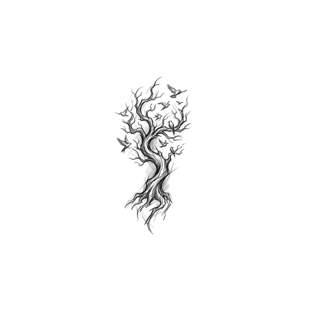 дерево скетч с птицами
