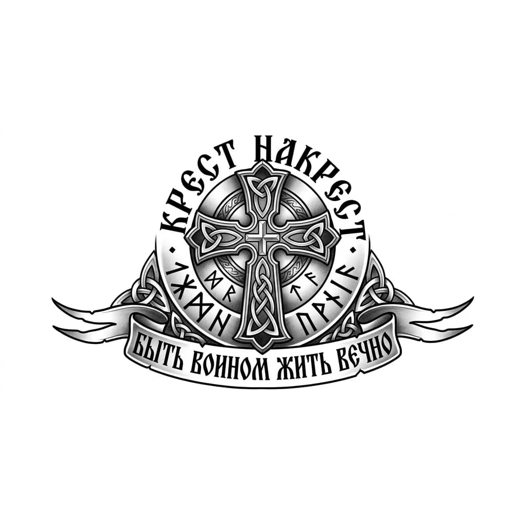 Надпись крест накрест и при кругу креста рунические символы
