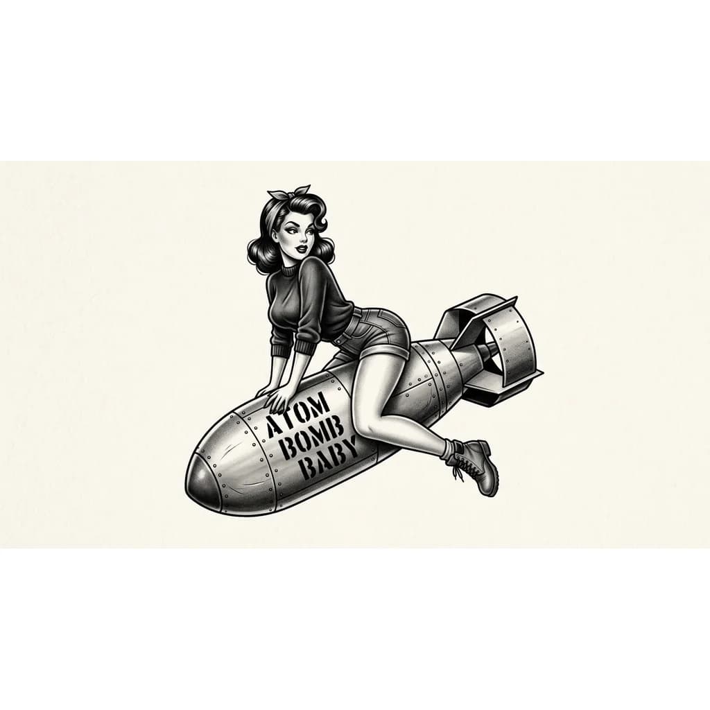 Чёрно-белая тату, сексуальная девушка с большими бёдрами и большой грудью оседлала бомбу, в стиле пин-ап. Надпись на бомбе Atom Bomb Baby