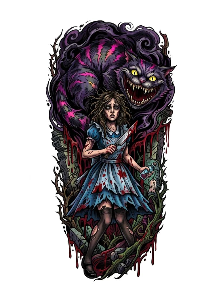 Алиса в стране кошмаров, в цвете с чеширским котом из ее вселенной сзади, желательно на шее, нож, кровь