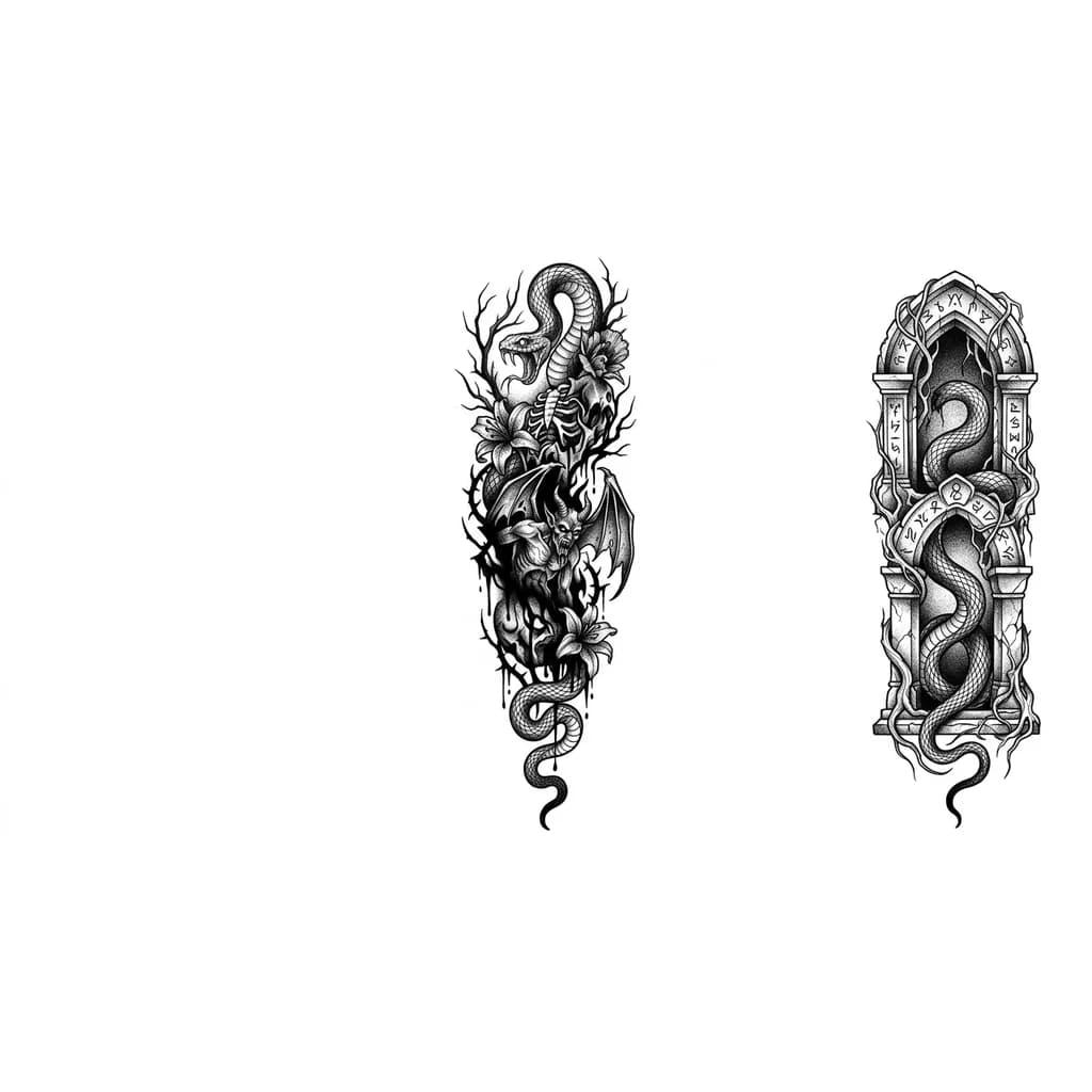 Змея извивается по ноге, открытые места закрыты тенями и цветами, после колена что-то древние связанное с змеей