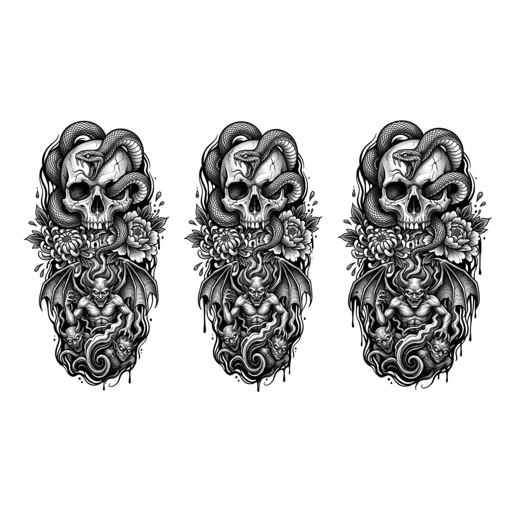 Змея извивает череп, выше японские цветы на верхней части ноги демон с крыльями и своими подчинеными