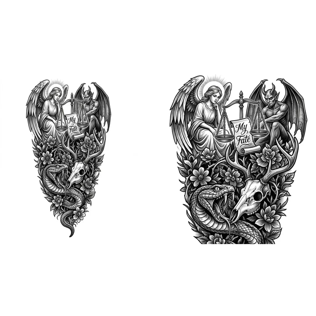 С низу змея начинает обкручивать ногу, языком залезая в череп оленя, все открытые места закрыты тенями и цветами выше седят ангел и демон а между ними весы и на них лежит твоя судьба