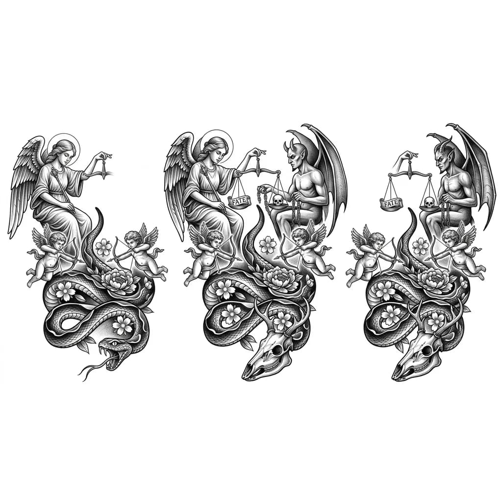 С низу змея начинает обкручивать ногу, языком залезая в череп оленя, все открытые места закрыты тенями и японскими цветами выше седят ангел и демон а между ними весы и на них лежит твоя судьба
А маленькие ангелы с лука стреляют в змею