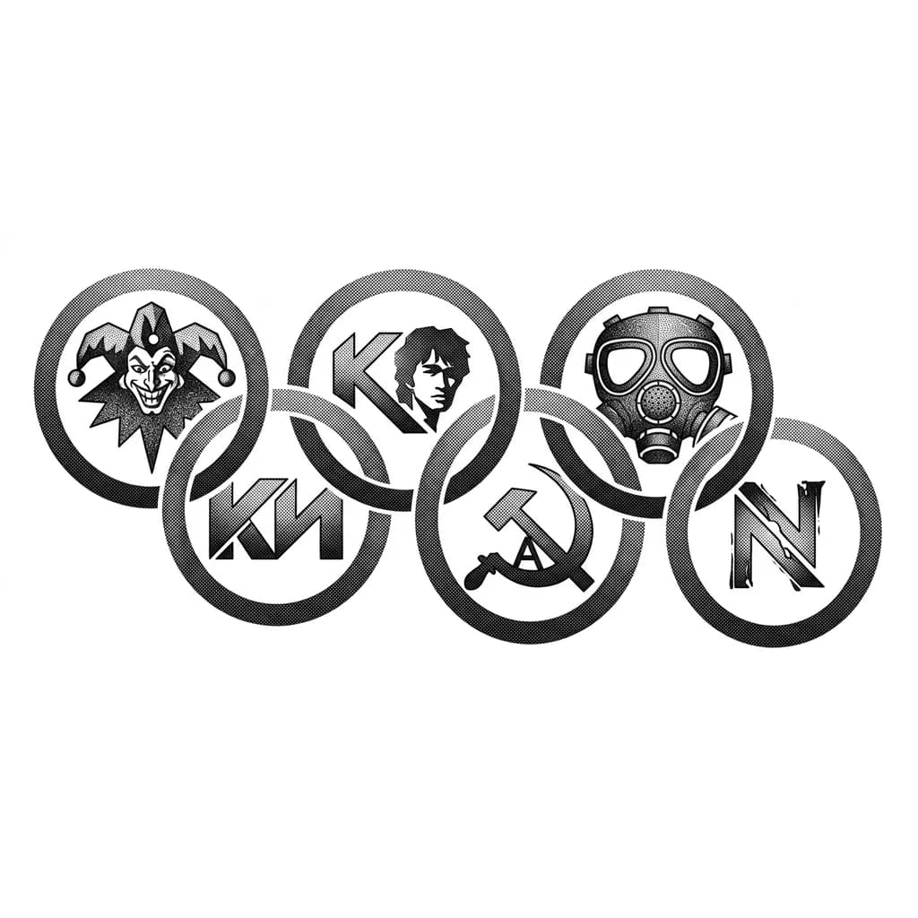 короче, типо символ Олимпиады, ну кружки те, шт 5-6 а внутри кружков символы популярных русских панк групп вдоль руки, кружки рядом типо продолжают друг друга как цепь а внутри символы ну киш, кин, сектор газа, порнофильмы и т.д