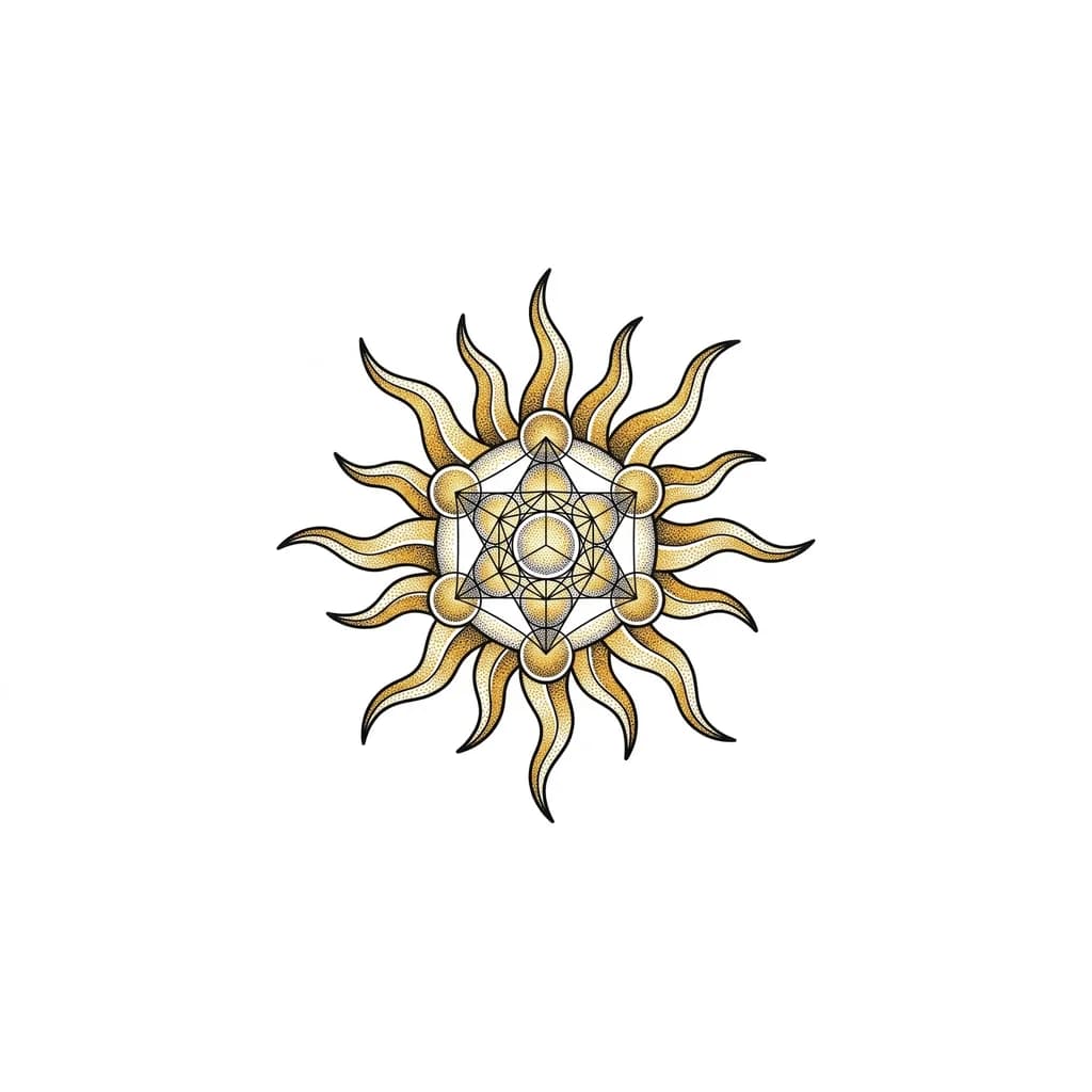 Солнце, лучи волнистые и не рваные, линии: внутри золотистые и снаружи черным, без закрашивания фона. Буду бить на правую лопатку для увеличения энергии, защиты и лидерства - поэтому вид солнца должен быть мощным, как бы наполняющим жизнью. При этом это должно выглядеть без излишеств, дорого и по-мужски.