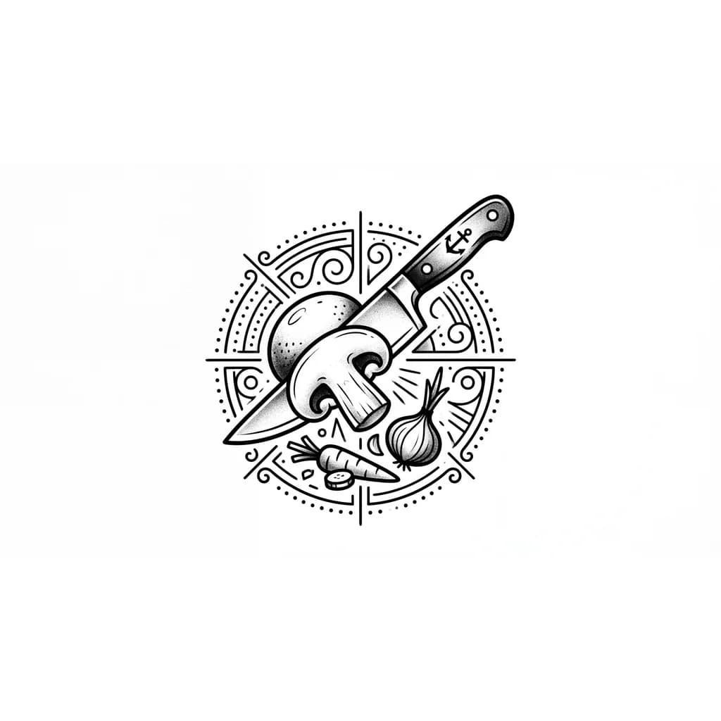 Тату в поварском реалистичном стиле.
На нём должен быть шеф нож режущий шампиньон гриб и рядом небольшое количество овощей, фон в разных линиях