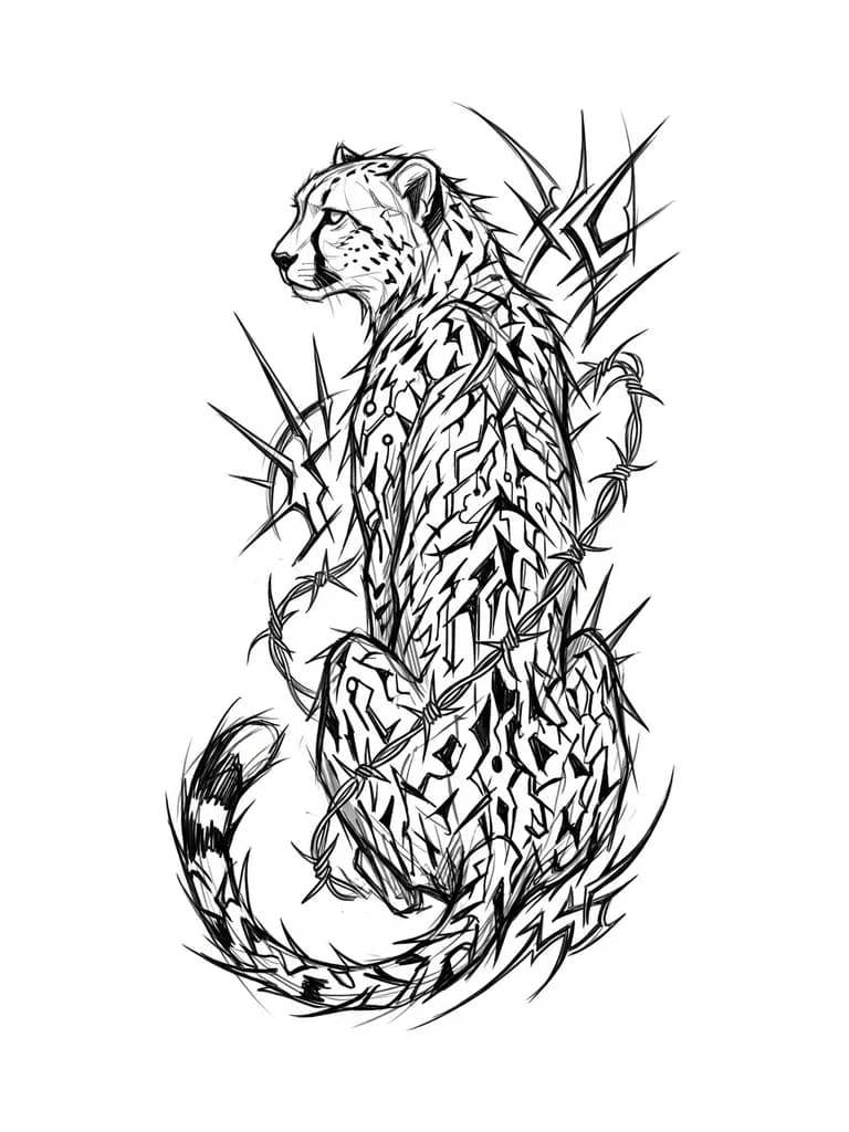 Гепард сидит спиной, голова повернута боком. Не четкие пятна. Сама тату небрежная