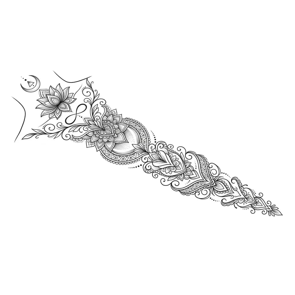 Тонкие линии,бесконечность,треугольники, точки,лотос, полумесяц,. Идёт от шеии к предплечье и проходит по руке