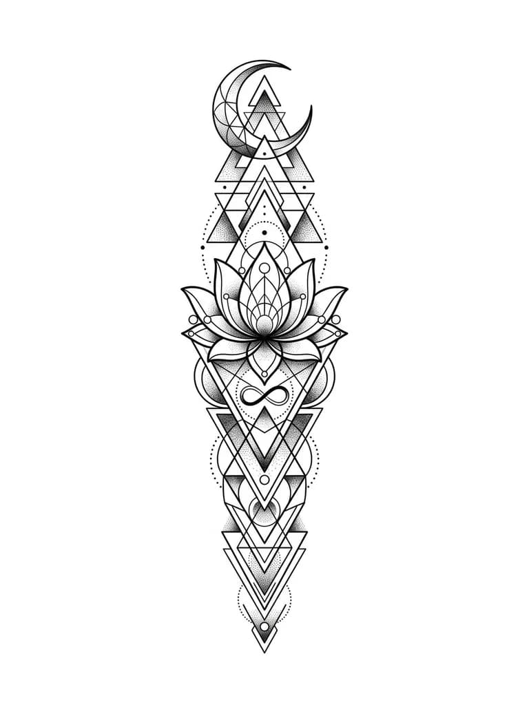Тонкие линии,бесконечность,треугольники, точки,лотос, полумесяц,. Идёт от шеии к предплечье и проходит по руке