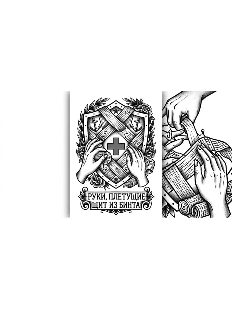 Тату эскиз: Название: «Сломанный меч, скреплённый светом» (золото заменяется на графический акцент)
Эскиз 2. Для девушки (медик) — ч/б версия
Название: «Руки, плетущие щит из бинта»