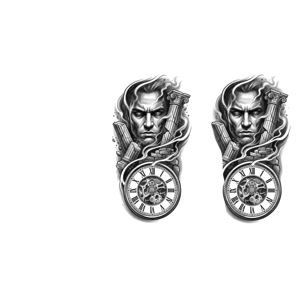 Тату эскиз: создающими эффект объёма и реализма. Композиция начинается от плеча с крупного центрального элемента — сурового лица воина с холодным взглядом, символизирующего стойкость и внутреннюю силу. Его черты частично уходят в тень, добавляя загадочности и глубины.
Вокруг него плавно переплетаются элементы дыма и разрушенной архитектуры — обломки колонн, трещины, пыль, создающие атмосферу прошедших испытаний и борьбы. На бицепсе композиция переходит в часы без стрелок,