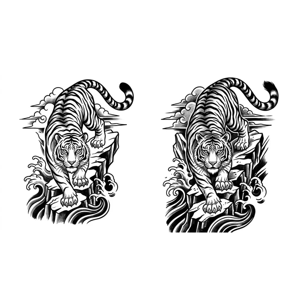 Тату эскиз: Красивая статная тигрица - спускающаяся вниз или карабкающаяся на верх. Проницательный статный взгляд - твердый, спокойный, манящий и вселяющий страх. Она одна - невероятно красивыя с длинным хвостом