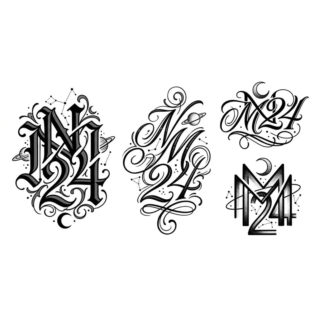 Тату эскиз: Создай эскиз для тату с использованием символов: N M 24 (необязательно в таком порядке)
Обязательные условия для соблюдения:
вид сверху будто смотришь на белый лист бумаги формата а4
покажи сразу несколько вариантов на одном листе
используй разные шрифты
используй стили тату лайнворк, блэкворк, дотворк, минимализм
добавь космическую тематику, но чтобы не сильно выделялось на фоне основных символов
Пускай символы N M 24 будут более сложными и неочевидными шрифтами и как-то переплет