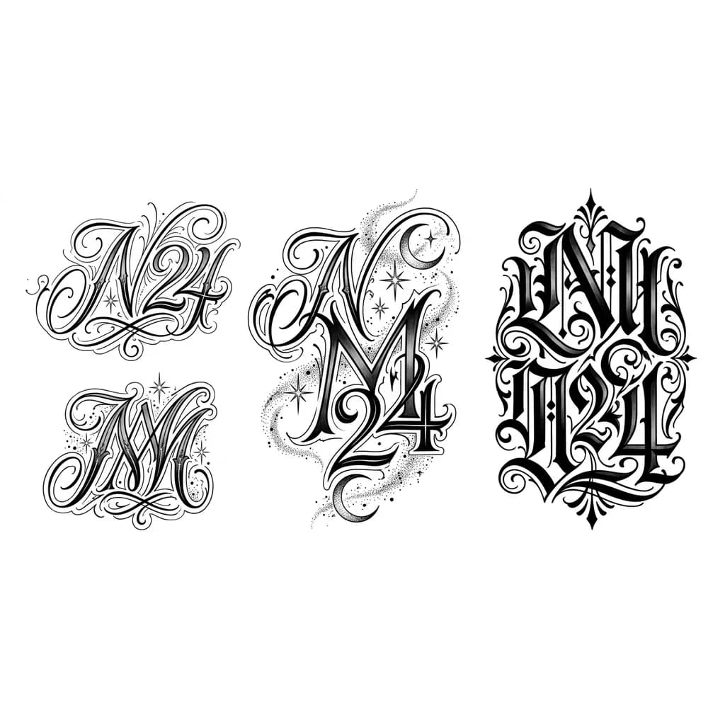 Тату эскиз: Создай эскиз для тату с использованием символов: N M 24 (необязательно в таком порядке)
Обязательные условия для соблюдения:
вид сверху будто смотришь на белый лист бумаги формата а4
покажи сразу несколько вариантов на одном листе
используй разные шрифты
используй стили тату лайнворк, блэкворк, дотворк, минимализм
добавь космическую тематику, но чтобы не сильно выделялось на фоне основных символов
Пускай символы N M 24 будут более сложными и неочевидными шрифтами и как-то переплет