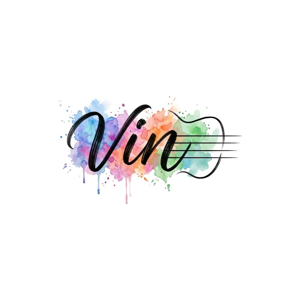 Тату эскиз: VIN написано плавной cursive-рукописью, под ним или вокруг — контур фортепианной клавиатуры или гитарной струны, но без деталей, только горизонтальные прямые/тонкие линии, плавно обрамляющие текст