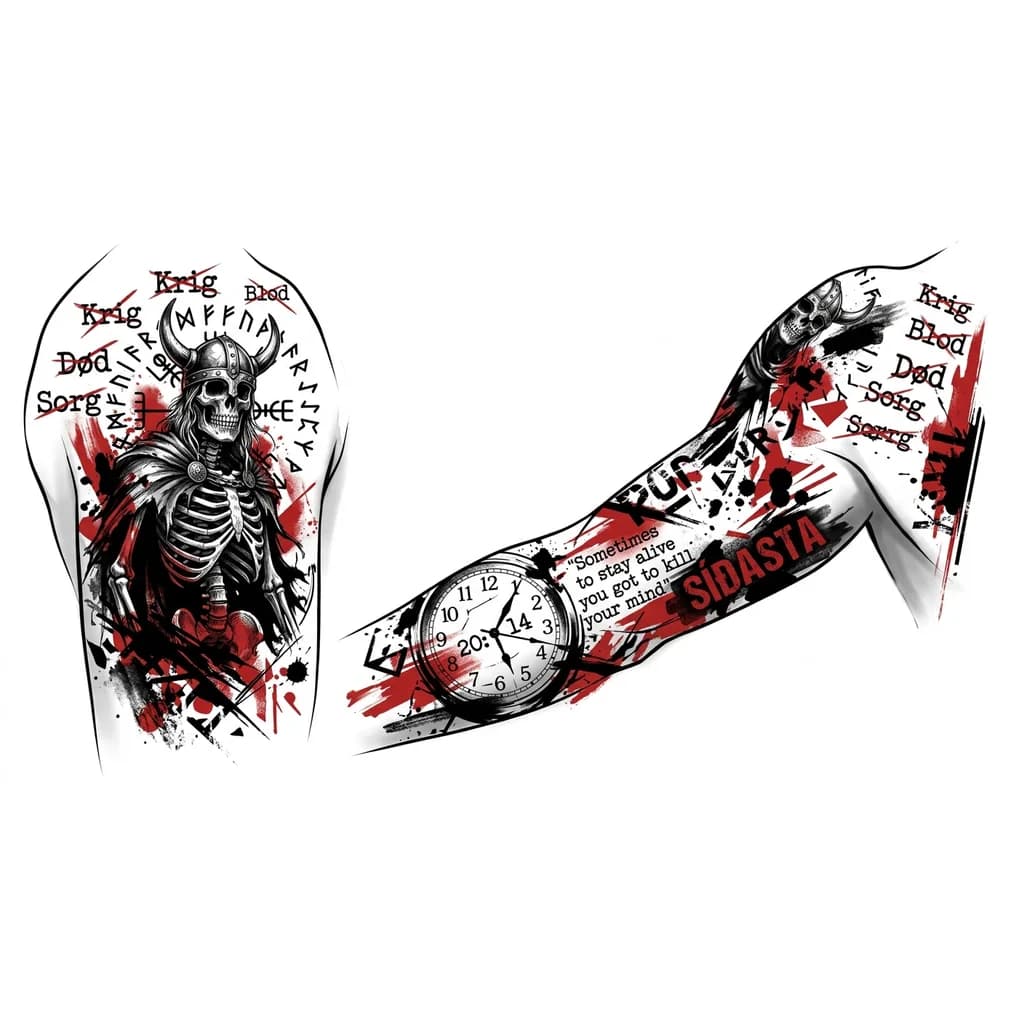 Тату эскиз: Это должен быть эскиз рукава в жанре Трэш-полька. С основными цветами: чёрный и красный.
Основным элементом на предплечье должны быть аналоговые часы с арабскими цифрами, указывающих время 20:14. Сквозь них должна быть цитата из песни twenty one pilots.
Основным элементом на плече должен быть скелет викинга со скандинавскими рунами вокруг.
Пустоты заполнить перечеркнутыми словами на норвежском языке.