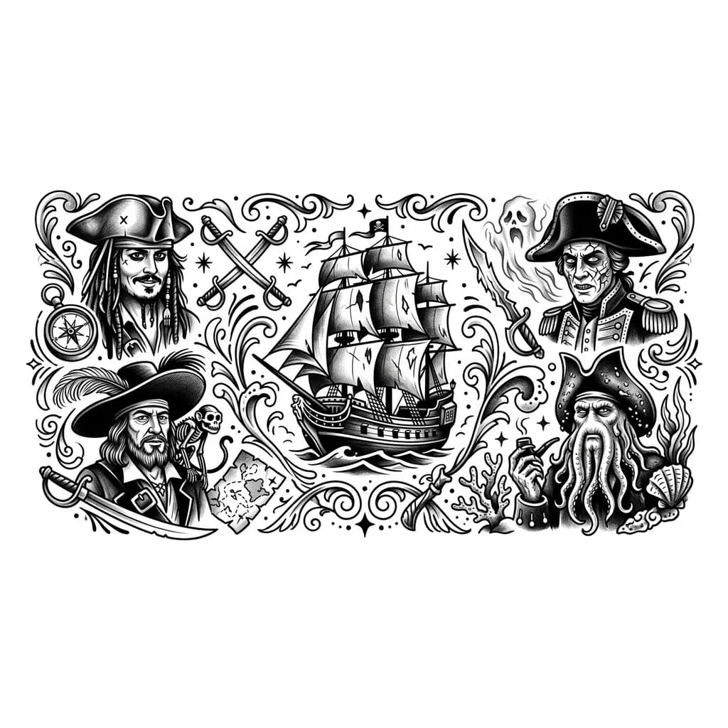 Джек воробей , саллазар ,барбосса , дэви джонс ,черная жемчужина, тату реализм, рукав, 8к