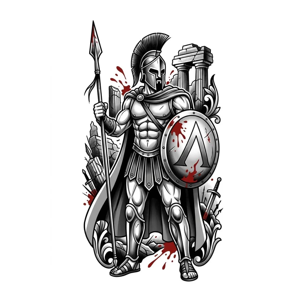 Спартанский воин в полный рост, мускулистый, в шлеме с гребнем, с копьём и круглым щитом с символом, плащ за спиной. Фон — разрушенные античные руины и поле боя. Стиль black & grey реализм, высокая детализация, контрастные тени, с акцентами красных брызг крови, вертикальная тату-композиция.