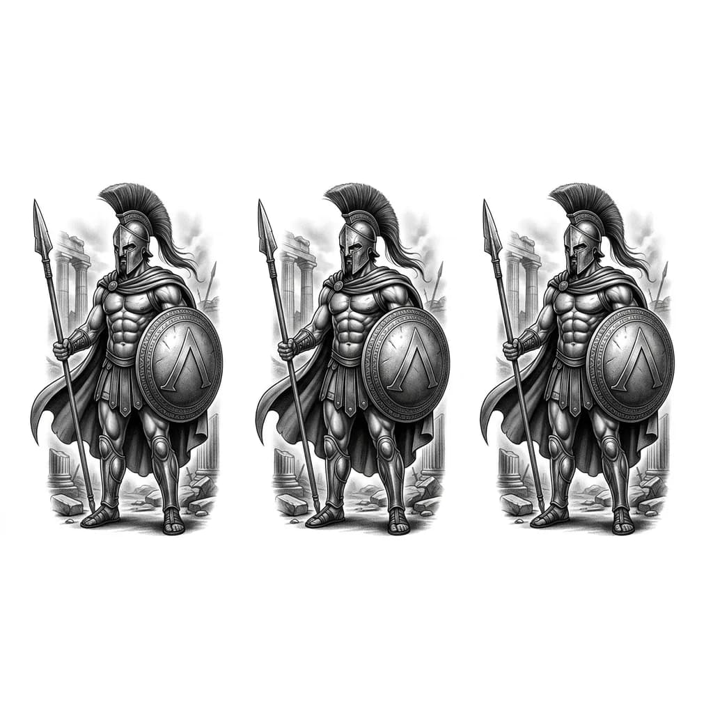 Спартанский воин в полный рост, мускулистый, в шлеме с гребнем, с копьём и круглым щитом с символом, плащ за спиной. Фон — разрушенные античные руины и поле боя. Стиль black & grey реализм, высокая детализация, контрастные тени, вертикальная тату-композиция.