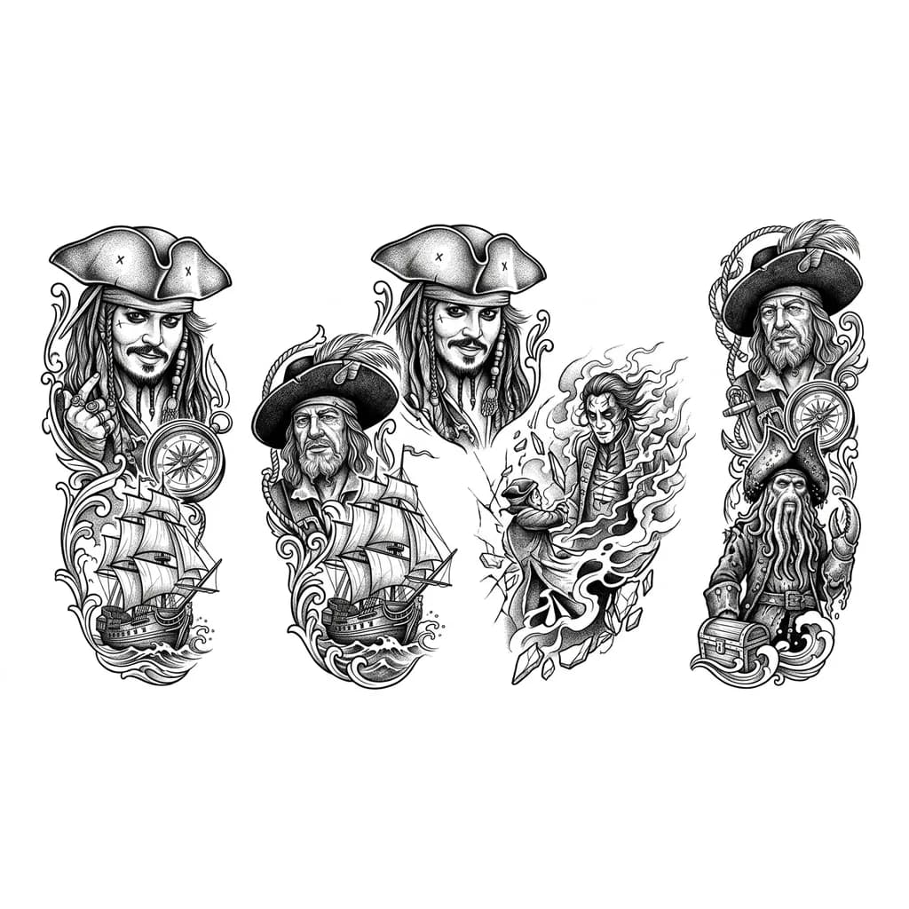 Джек воробей , барбосса, салазар, дэви джонс , черная жемчужина , компас, тату рукав реализм , 8к