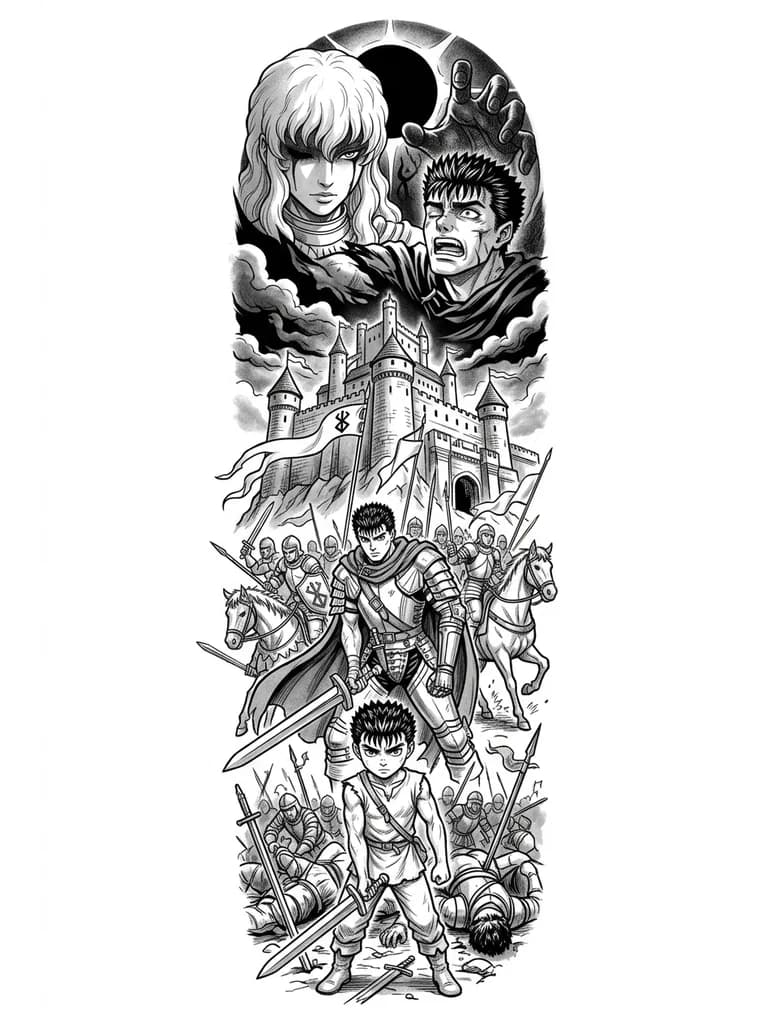 берсерк путь от начала до великого затмения, оригинальные изображение из аниме, гатса, замка,
поле битвы.