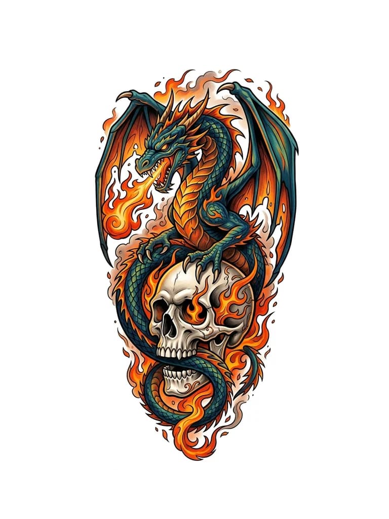Дракон с черепом вокруг огня