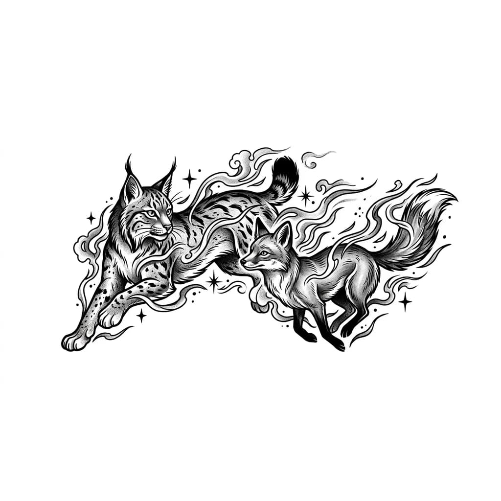 Тату эскиз: Создай эскиз татуировки в стиле патронуса из Гарри Поттера. На эскизе должен быть патронус рыси и лисы