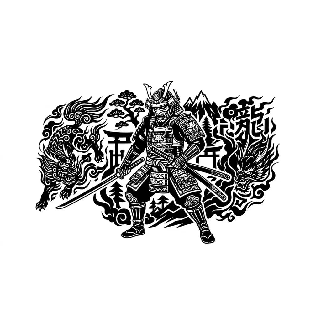 Тату эскиз: Тату на всë плечо мужское, самурай с катанами, но с современным доспехом - бронижелет Редут-Т5 (он подходит под самурайскую тематику), тематика - милитри + японская мифология