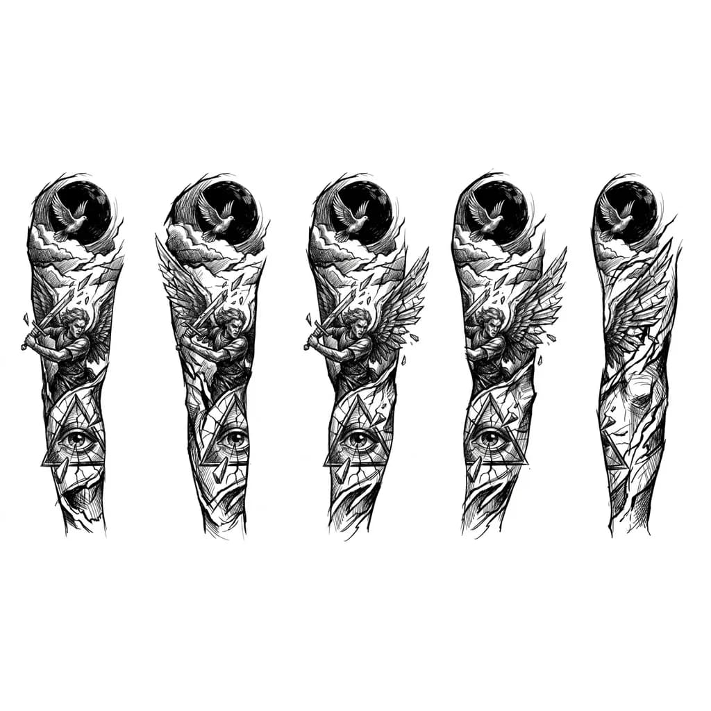 Тату эскиз: Эскиз тату-рукава в хаотичной гравюрной стилистике, только чёрная тушь, высокая контрастность. На предплечье — боевой ангел с треснувшими крыльями, вырывающийся из разорванных облаков, агрессивная поза, меч сломан. На локте — расколотое всевидящее око внутри треснувшего треугольника, от него расходятся трещины. На внутреннем бицепсе — маленький летящий голубь на фоне чёрной луны. Стиль: экспрессивная грубая линия, плотные чёрные заливки, рваные края. Никакого цвета.