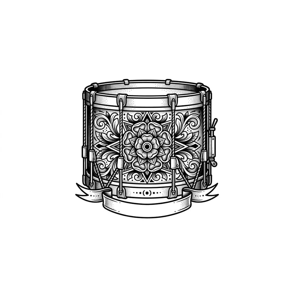 Тату эскиз: Vintage military war drum with intricate heraldic rosette pattern overlaid on its surface, black and white monochrome ink, detailed stippling and line work showing drum texture and ornamental decorations, classical tattoo style, bold outlines, tattoo flash sheet illustration, white background, high contrast, clean lines