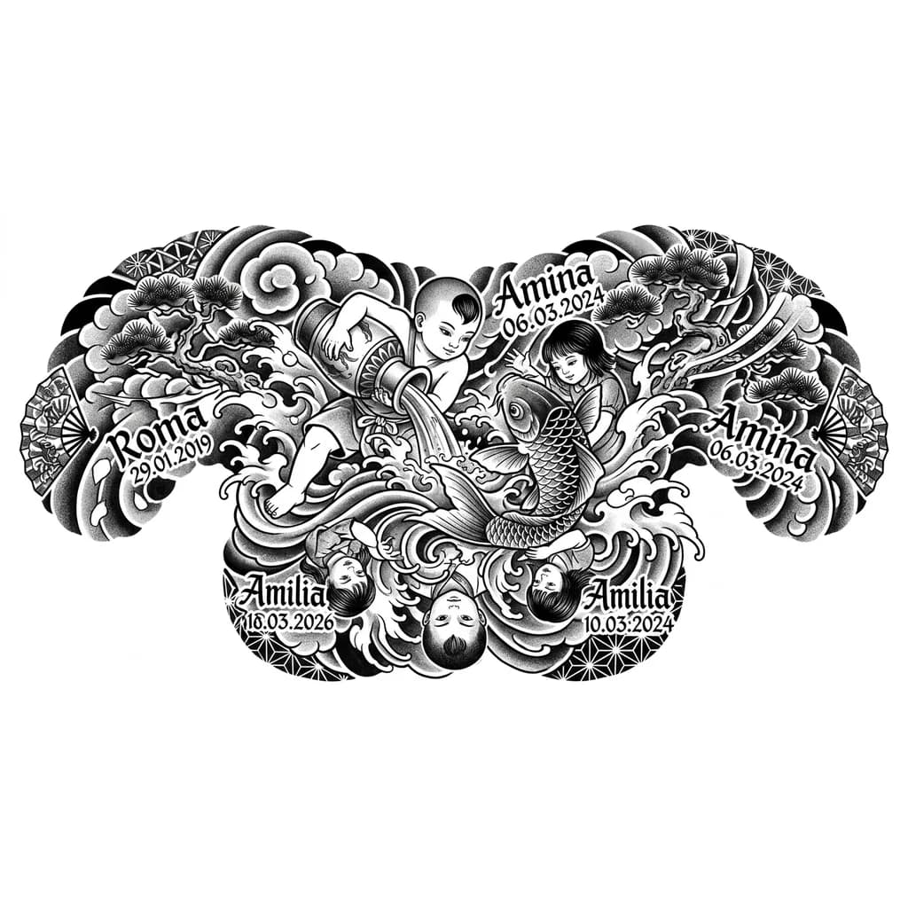 Тату эскиз: Мальчик Водолей льет воду в низу рыбы две сестрички отражения теней мальчика и двух девочек Рома 29.01.2019 Амина 06.03.2024 Амилия 10.03.2026