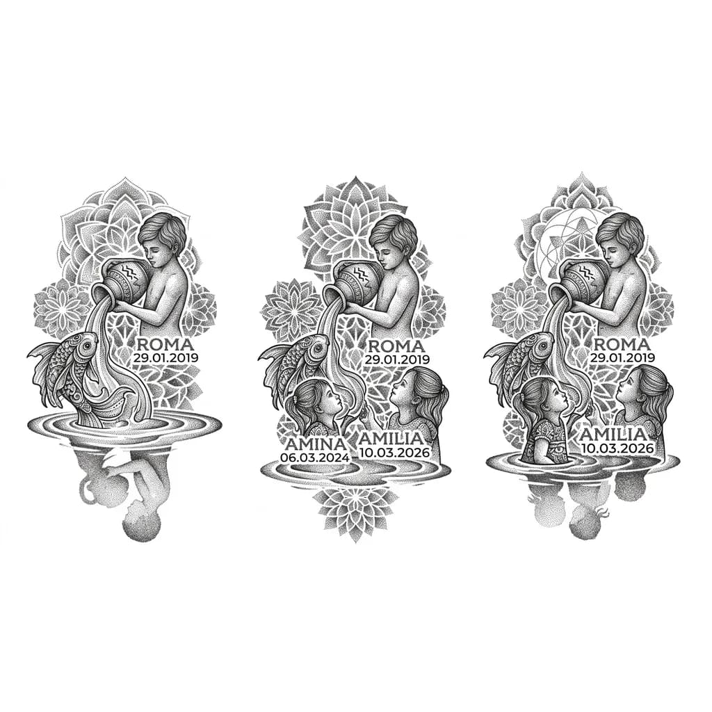 Тату эскиз: Мальчик Водолей льет воду в низу рыбы две сестрички отражения теней мальчика и двух девочек Рома 29.01.2019 Амина 06.03.2024 Амилия 10.03.2026