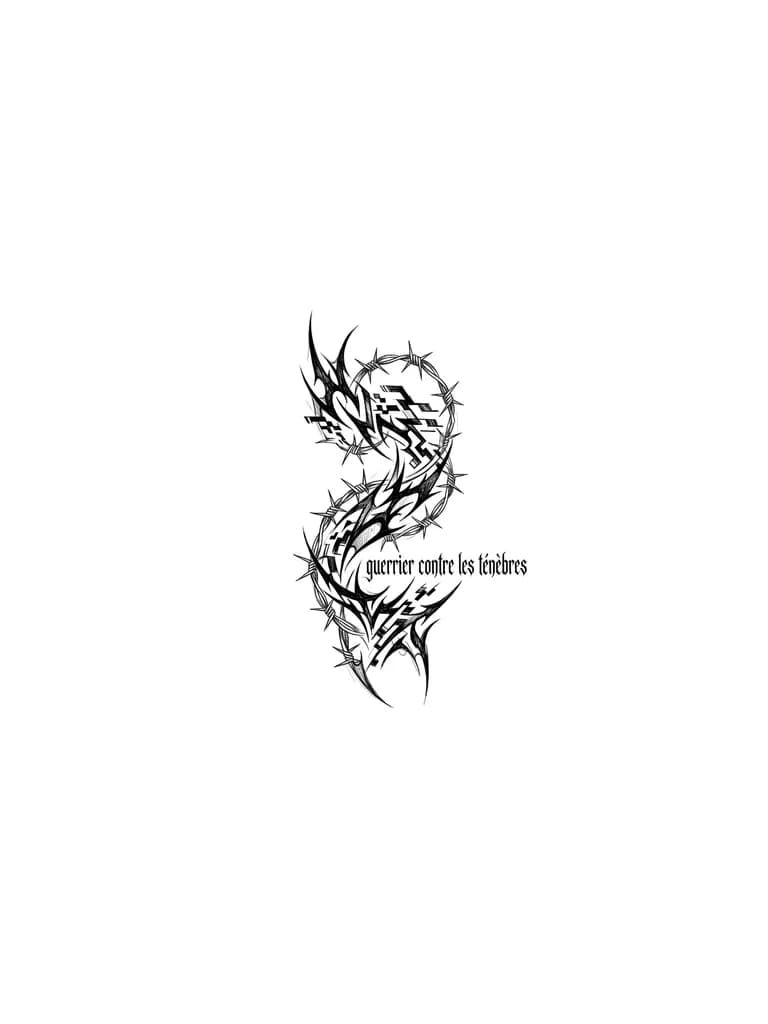 Тату эскиз: Сделай эскиз готической
тату, в которой шрифт будет острый и тонкий, татуировка будет располагаться от бедра до колена
и там будет фраза на французском языке с таким же острым шрифтом