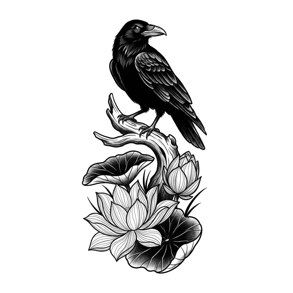 Тату эскиз: Композиция: Вертикальный формат. В верхней трети — силуэт крупной вороны, сидящей на изогнутой коряге. В нижней части — два цветка лотоса (один полностью раскрытый, другой — бутон) и широкие листья.
· Стиль: Графика тушью, техника «сухая кисть» для перьев, тонкие текучие линии для лепестков лотоса.
· Детали: У вороны — акцент на глазах и клюве. У лотоса — прорисованные прожилки лепестков