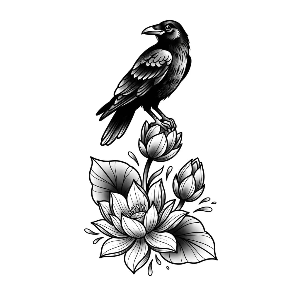 Тату эскиз: Композиция: Вертикальный формат. В верхней трети — силуэт крупной вороны, сидящей на бутоне. В нижней части — два цветка лотоса (один полностью раскрытый, другой — бутон) и широкие листья.
· Стиль: Графика тушью, техника «сухая кисть» для перьев, тонкие текучие линии для лепестков лотоса.
· Детали: У вороны — акцент на глазах и клюве. У лотоса — прорисованные прожилки лепестков и немного повсюду брызги воды