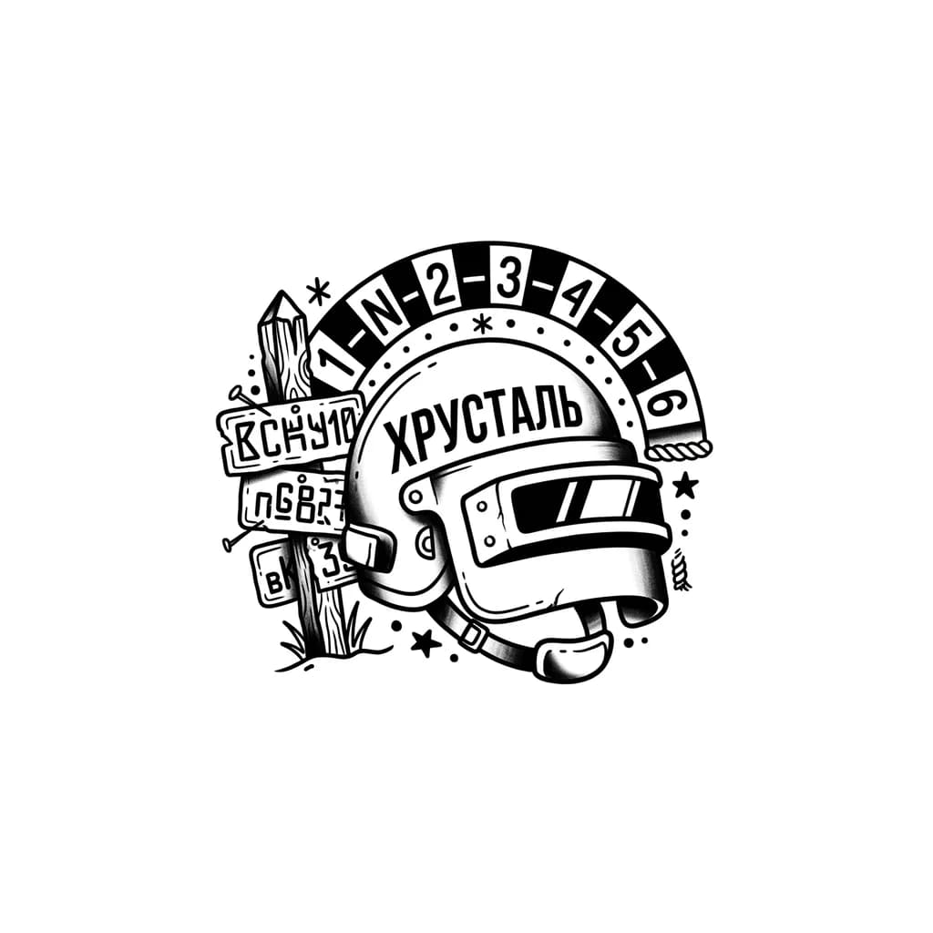 Тату эскиз: Тату на одной груди мужской , шлем пабг , вокруг шлема порядок переключения передач на мотоцикле, на шлеме написано хрусталь , рядом стоит приграничный столб с прибитыми госномерами
